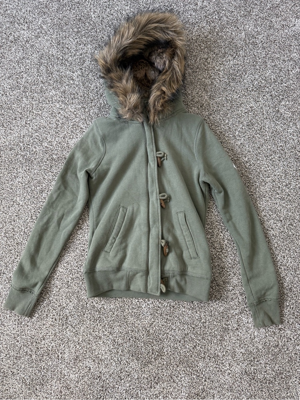 Hollister Olive Green Hooded Jacket with Faux Fur Lining and Trim RARE